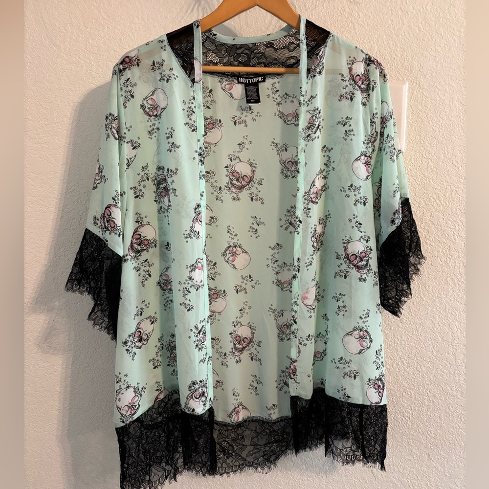 Teal Kimono with Skull and Lace Detail